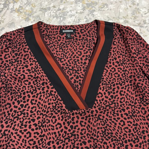 Express Leopard Color Block Contrast Chiffon Long Sleeve Shirt Top Size Medium - Picture 5 of 7